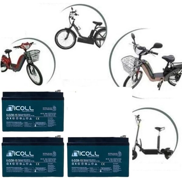 Kit 3 Baterias Nicoll 12v 15ah Ciclo Profundo Bike Elétrica