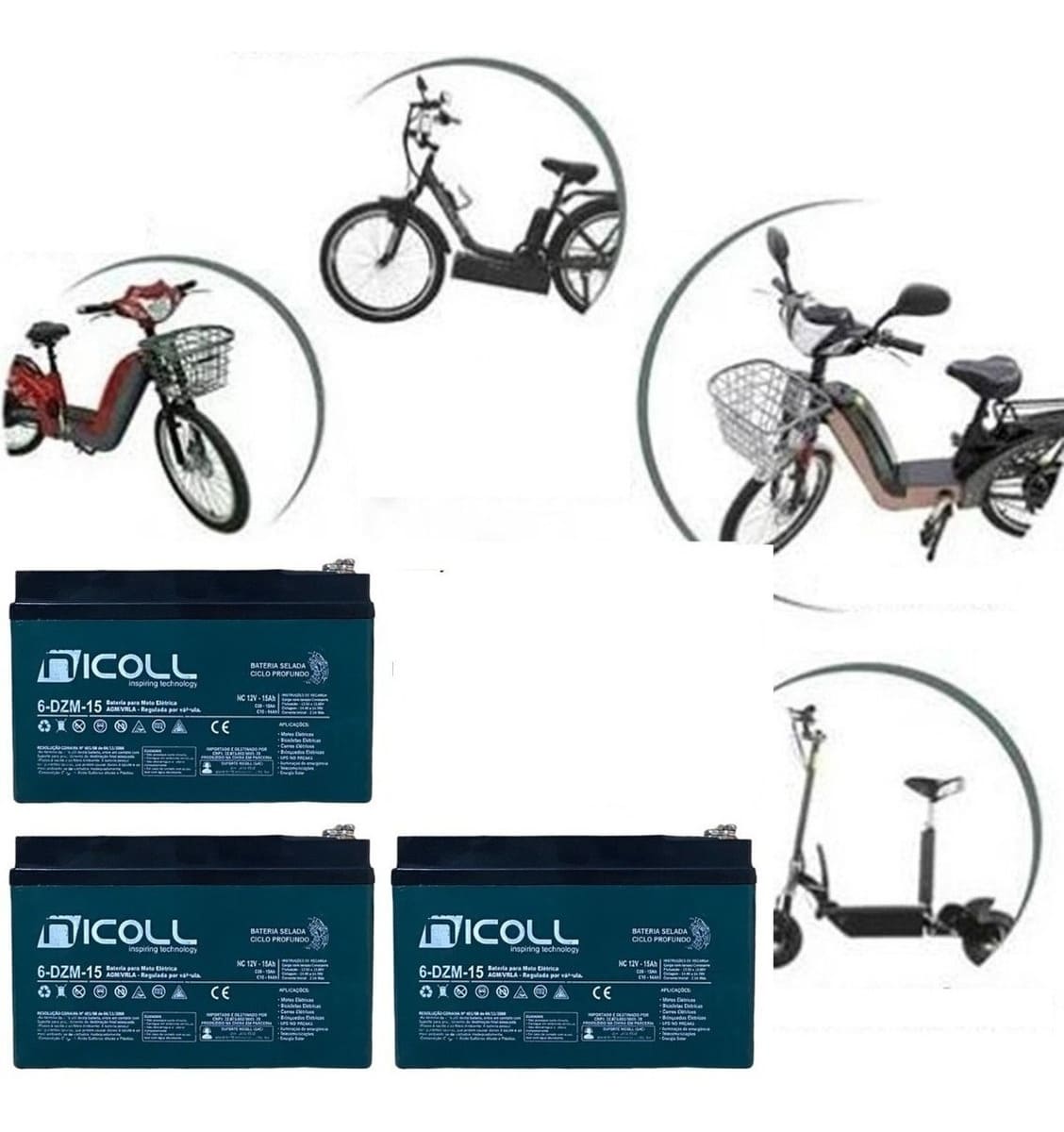 Kit 3 Baterias Nicoll 12v 15ah Ciclo Profundo Bike Elétrica