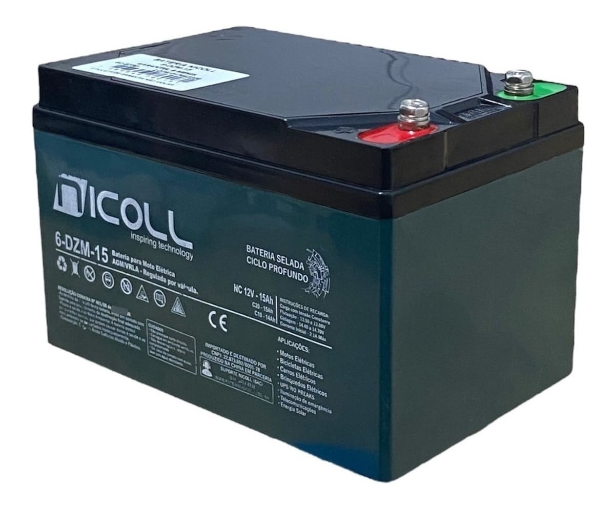 Bateria Nicoll 12v 15ah Ciclo Profundo para Bicicleta Elétrica