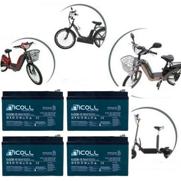 Kit 4 Baterias Nicoll 12v 15ah Ciclo Profundo Bike Elétrica